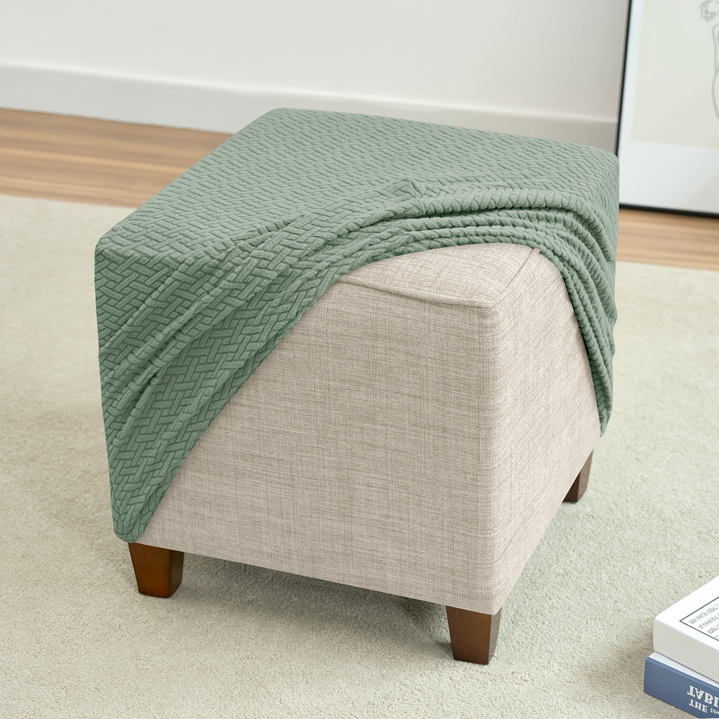 1pc Jacquard Elastic T-Shaped Square Ottoman Cover | Nylon Polyester Corduroy, Machine Washable, Elastic-Band Closure