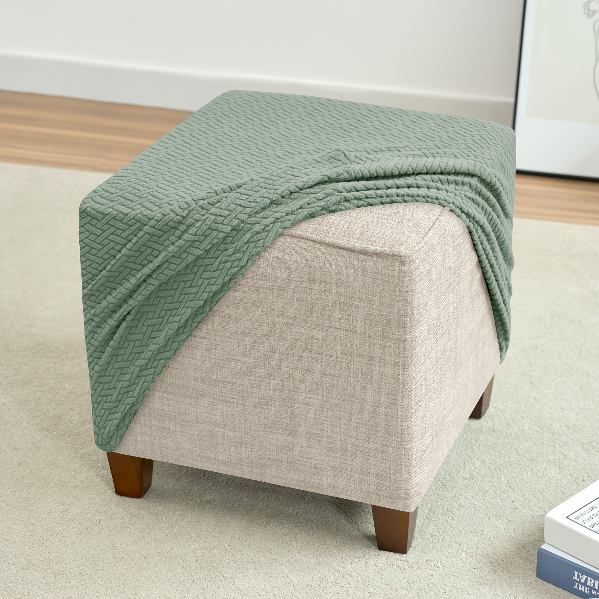 1pc Jacquard Elastic T-Shaped Square Ottoman Cover | Nylon Polyester Corduroy, Machine Washable, Elastic-Band Closure