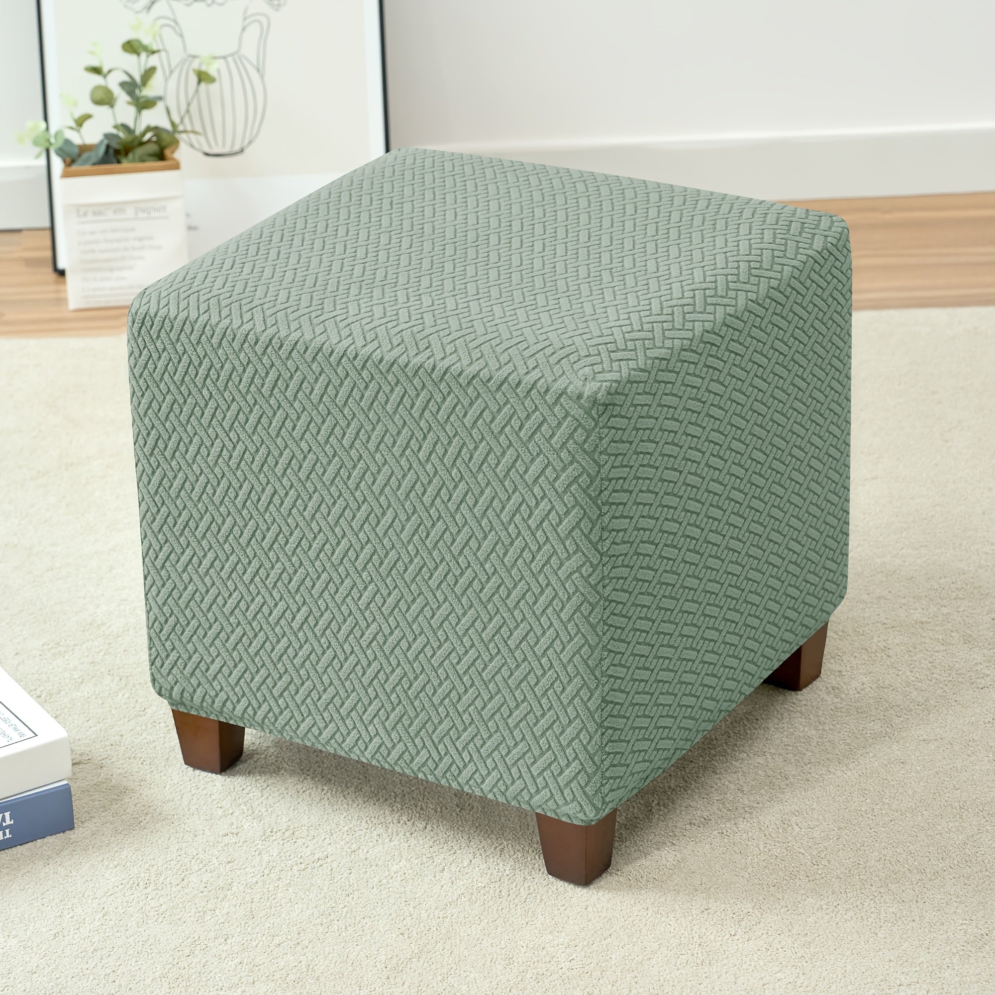 1pc Jacquard Elastic T-Shaped Square Ottoman Cover | Nylon Polyester Corduroy, Machine Washable, Elastic-Band Closure