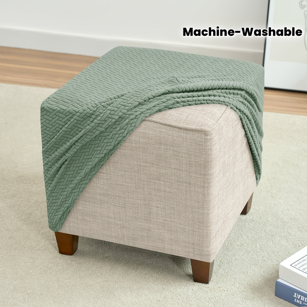 1pc Jacquard Elastic T-Shaped Square Ottoman Cover | Nylon Polyester Corduroy, Machine Washable, Elastic-Band Closure