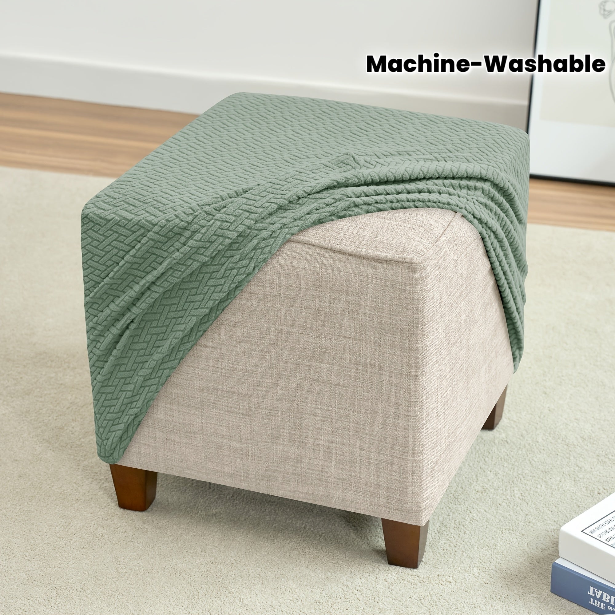 1pc Jacquard Elastic T-Shaped Square Ottoman Cover | Nylon Polyester Corduroy, Machine Washable, Elastic-Band Closure